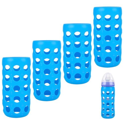 4 Pack Silicone Sleeves Compatible with Lansinoh Glass Bottles, Silicone Sleeves for Glass Bottles, Drop Protection, Maintain Temperature of Milk, with Cutouts for Easy Milk Level Monitoring, Blue