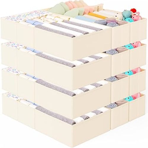 Criusia 26 Pack Drawer Organizer for Clothes, Foldable Dresser Dividers with 3 Sizes, Fabric Storage Bins – Beige