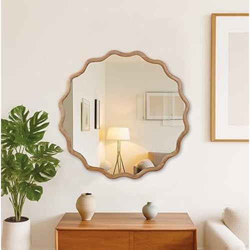 Natural Wood 36 inch Wavy Round Solid Wood Frame Decorative Mirror, Wall Mirror
