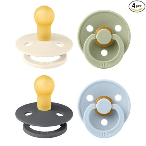 BIBS Color Pacifiers 4-Pack | BPA Free Soother Pacifier | Round Nipple | Natural Rubber Latex | Made in Europe | Size 0-6 Months | Iron Mix