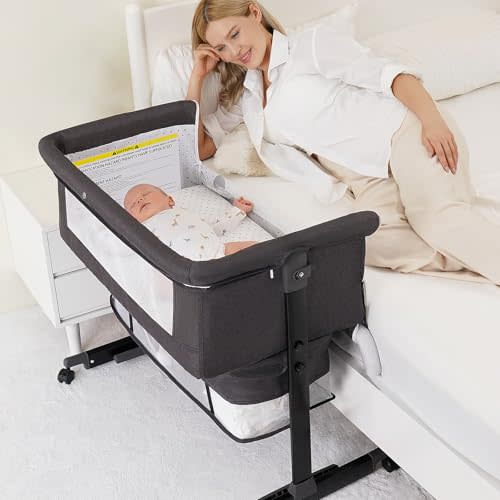 Baby Bassinet, 3 in 1 Bedside Bassinets for Baby, Bassinet Bedside Sleeper with Wheels, Adjustable Height with Rocking Mode, Breathable Mesh, Storage Basket, Easy Assemble & Folding (Dark Gray)