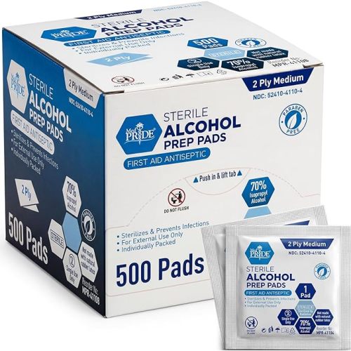 MED PRIDE Alcohol Prep Pads, Medical-Grade, Sterile, Individually-Wrapped, Medium Square Size, 2ply (500 Count (Pack of 1))