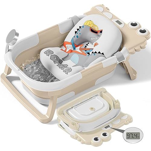 TPN Collapsible Baby Bathtub, Baby Bath Tub with Soft Cushion & Real-Time Thermometer, Baby Bathtub Infant to Toddler Tub (0-36 Months), Portable Travel Baby Tubs for Newborns (Beige)