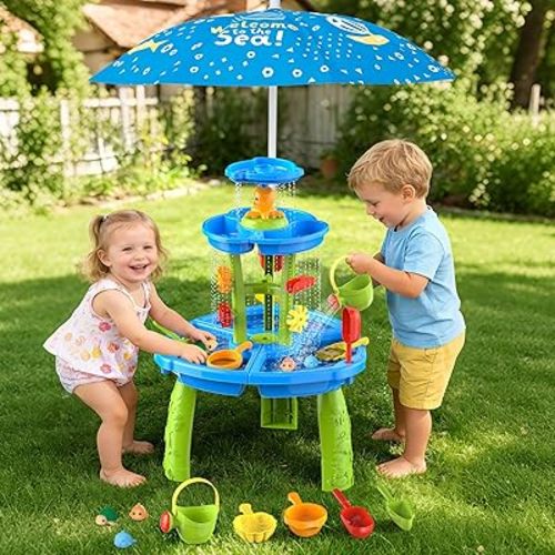 Water Sand Table with Umbrella for Toddler Kids - 3-Tier Summer Toys, Outdoor Backyard Beach Poolside Playset with Stable Design, Sensory Learning Activity Game Gifts for Boys Girls(Azure)