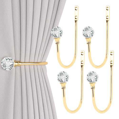 Groleca 4 Pack Heavy Duty U Shaped Metal Curtain Holdbacks Curtain Tiebacks with Clear Crystal Ball Pull Backs Curtain Holders for Drapes (Gold)
