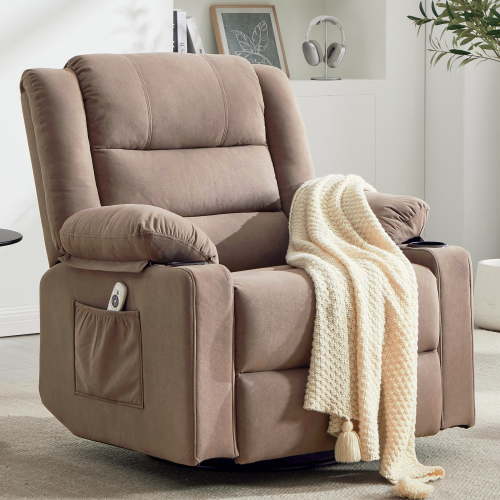 Swivel Rocking Recliner Chair for Adults, Overstuffed Manual Rocker Nursery Recliner Glider, Upholstered Fabric Reclining Single Sofa Chair for Living Room (Mocha)