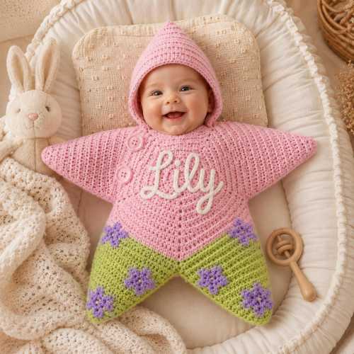Personalized Crochet Starfish Baby Bodysuit, Custom Name Star Baby Outfit, Handmade Star Baby Romper, Newborn Photo Prop, Baby Shower Gift