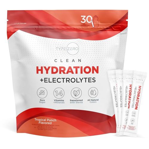 Type Zero Clean Hydration + Electrolytes Drink Mix (30 Single-Serving Packets) - Advanced Hydration for Any Occasion (Tropical Punch)