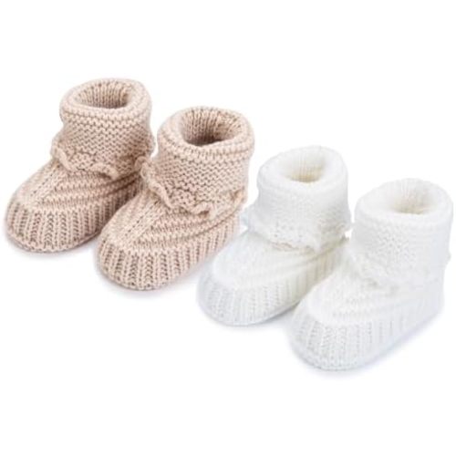 FABRST 2 Pairs Baby Booties Newborn Baby Sock Shoes Hand Crochet Knit Boots Infant Soft Cozy Warm Shoes for Girls Boys(Khaki White)