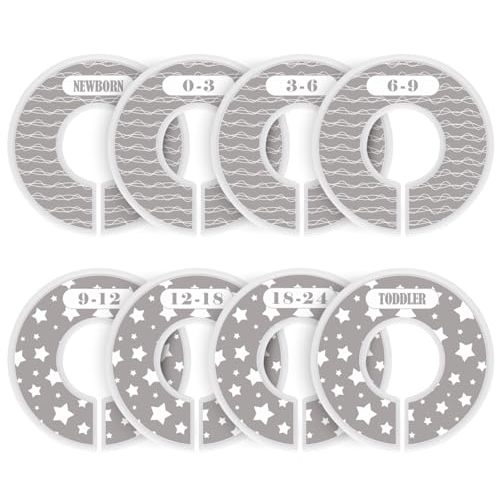 Baby Closet Dividers for Clothes Organizer,Set of 8 Unisex Round Double-Sided Clothes Size Dividers from Newborn to 24 Months Toddler,Adorable Baby Clothes Organizer for Nursery Room Decor（Grey)