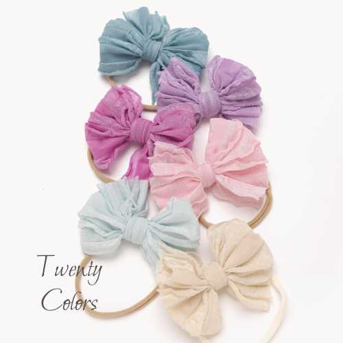 Mini Ruffle Baby Bow Headband, Soft Nylon Band, Pastel Hair Bow