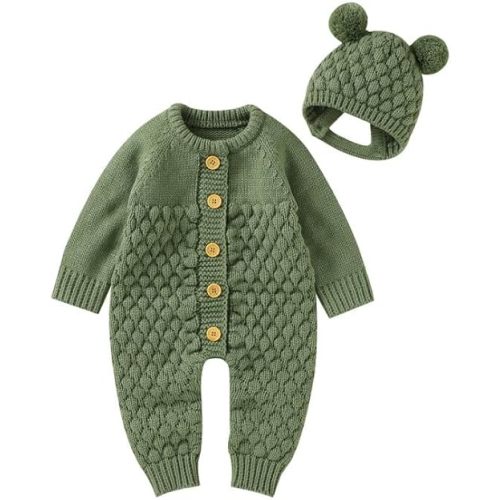 0-3mo LAWKUL Baby Outfit Cotton Knit Newborn Infant Romper Knitted Longsleeve Sweater Clothes With Warm Hat Set Toddler Boy Girl
