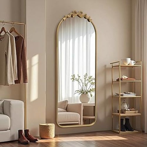 Besdomus Arched Mirror Full Length: 21"x56" Bow Gold Arch Floor Mirror - Antique Baroque Traditional Ornate Standing Mirror for Entryway/Cloakroom/Bedroom - Home Decor for Fashion-Conscious