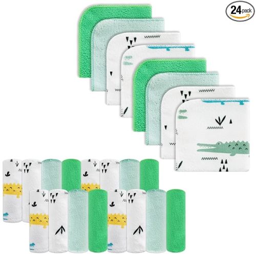 Baby Washcloths, 24Pack Baby Wash Cloths Extra Soft & Ultra Absorbent, Baby Towels and Washcloths Face Towels for Unisex Boys Girls Body, Washclothes Gentle on Sensitive Skin, 9x9 Green Crocodile