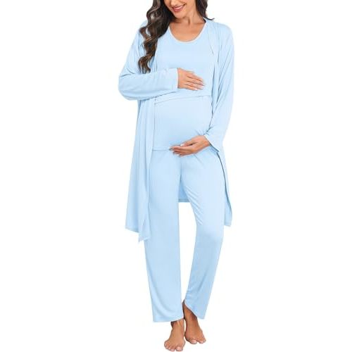 SWOMOG Maternity Nursing Robe Set 3 PCS Postpartum Breastfeeding Pajamas Lounge Hospital Pregnancy Pjs with Robe