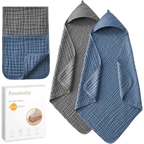 Hooded Baby Towels for Newborn 2 Pack 36x36 Inch Muslin Cotton Baby Bath Towel and 2 Pack Washcloths for Babies, Infant, Toddler and Kids, Soft and Absorbent Newborn Essential(Grey and Blue)