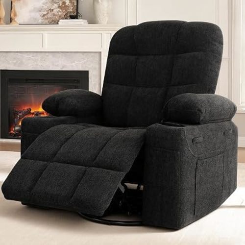 Swivel Rocker Recliner Chair,Recliner Single Sofa with Cup Holders, Manual Nursery Rocking Chair with Side Pockets, Modern Upholstered Recliner for Living Room,Apartment,Home Theater(Black)