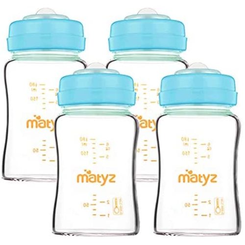 Matyz 4-PACK Wide Mouth Glass Breast Milk Storage Containers With Lids (Blue, 6 Oz Each) - Glass Freezer Safe Breastmilk Storage Bottles - Breast Pump Accessories For Medela Spectra Avent Breast Pumps