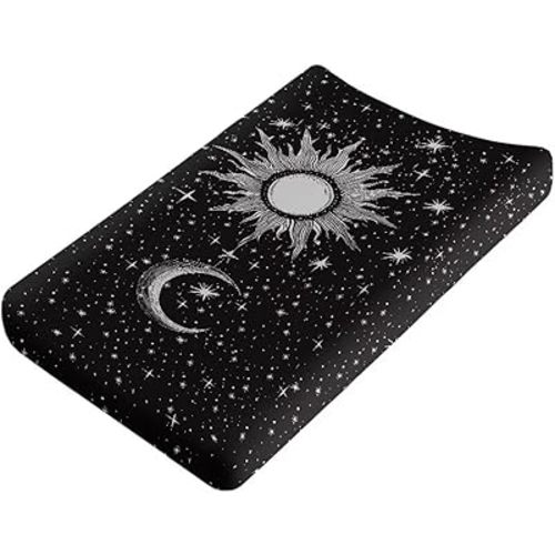Moon Star and Sun Changing Pad Cover for Baby Girls Diaper Changing Pad Covers 32”x16” Newborn Infant Changing Table Sheet Changing Mat Covers Ultra Soft, Black