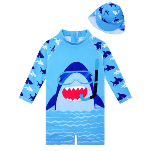 Baby Infant Boys Swimsuit One-Piece with Sun Hat Long Sleeve UPF 50+ Rash Guard Swimwear for Boys 3-24 Months