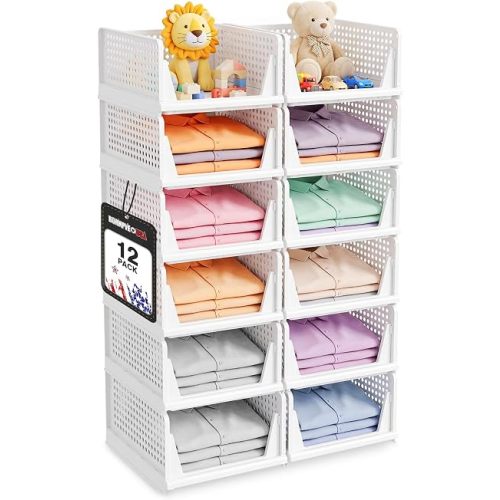12 Pack Stackable Closet Organizers and Storage, Foldable Storage Bins with Reinforced Panels, Space-Saving Clothing Storage Boxes for Bedroom, Closet, Bathroom, Laundry, White