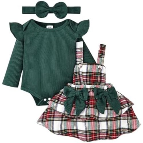 FOCUTEBB Baby Girl Clothes Fall Winter Outfit Long Sleeve Ruffle Romper Plaid Skirt Bow Headband 3 Pcs Set 0-18 Months