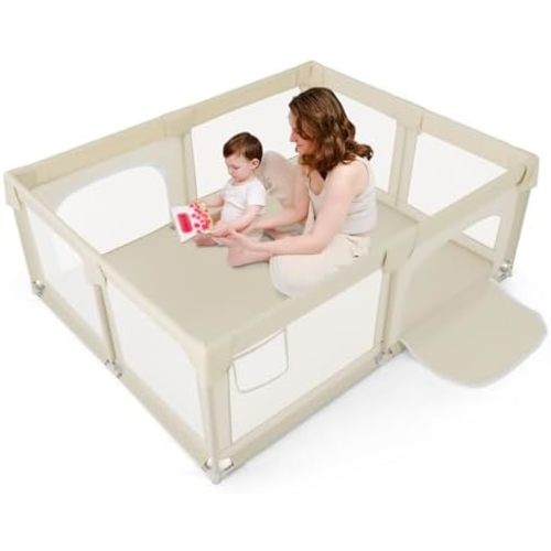 Costzon Large Baby Playpen, 75" x 59" Toddler Activity Center w/Zippered Doors, Mesh Storage Bag, Indoor Outdoor Baby Play Yard Fence for 0-3 Years Old Infants & Toddlers (Beige)