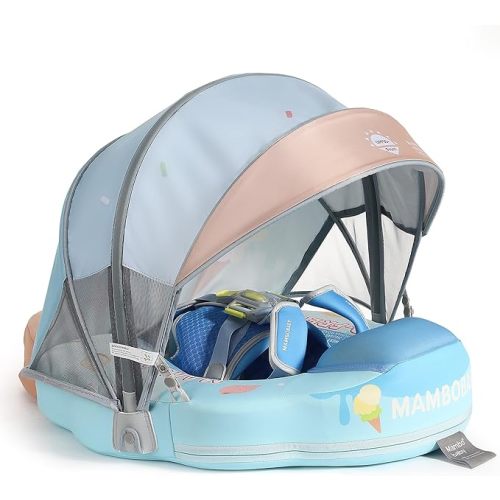 Mambobaby Float Add Tail Baby/Infant Swim Float with Canopy, Non-Inflatable Solid Upgrade Soft Waterproof Skin-Friendly Leather Material (Limited Edition Blue)