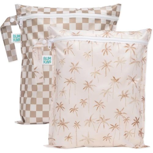 Bumkins Waterproof Wet Bag for Baby, Travel, Swim Suit, Cloth Diapers, Pump Parts, Pool, Beach, Gym Clothes, Toiletry, Hook to Stroller, Daycare, Zip Reusable Wetdry Pack, 2-pk Palm Trees, Beige Check