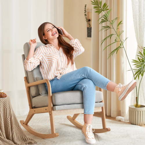 Ktaxon Mid Century Rocking Nursery Chair Solid Wood Frame Accent Chair, Line fabric Upholstered Glider Rocker Modern Padded Armchair with Lumbar Pillow Light Gray