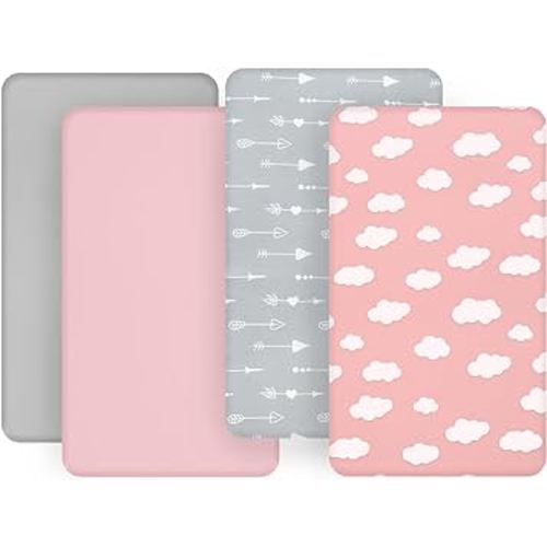 Bassinet Fitted Sheet(33" x 20"), 4 Pack for Most Bedside Sleeper Bassinet, Bassinet Sheets, Breathable & Soft Microfiber, Grey/Pink