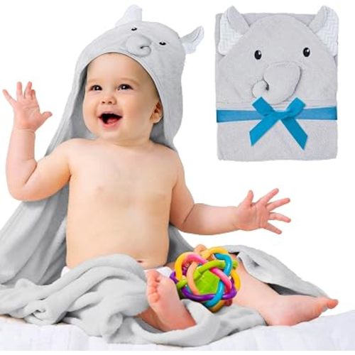 100% Cotton Hooded Baby Towel Size 33x33 Inch. Gray Soft Baby Bath Towel with Elephant Face. Terry Baby Hooded Towel for Newborns, Infants. Absorbent Toddler Towels for Bath, Pool, Beach