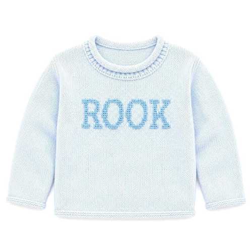 9-12M, Sweater Monogrammed Light Blue Cotton Knit Rollneck Sweater Cross Stitch