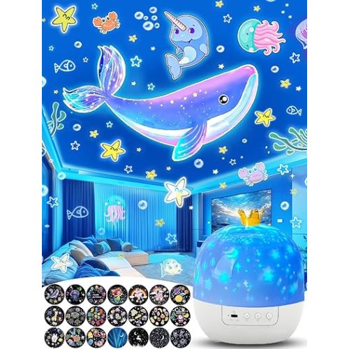 21 Sets of Films + Projector Night Light for Kids, Baby Night Light Projector for Bedroom, Ceiling, Star Projector with 360° Rotation Dimmable for Kids Girls, Birthday, Christmas, Nursery, Room Decor