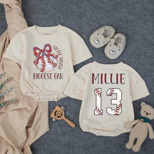 Customized Little Sister Biggest Fan Baseball Bubble Romper, Game Day Newborn Girl Clothes