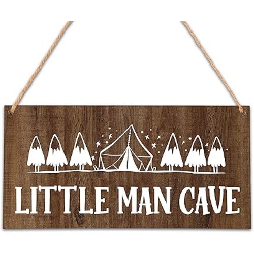 Camping Nursery Decor for Boys, 5"x10" Little Man Cave Wood Sign, Natural Baby Room Wall Decor, Woodland Playroom Decor, Gift for Baby Shower, Toddler Kids Bedroom Living Room Hanging Sign -A03
