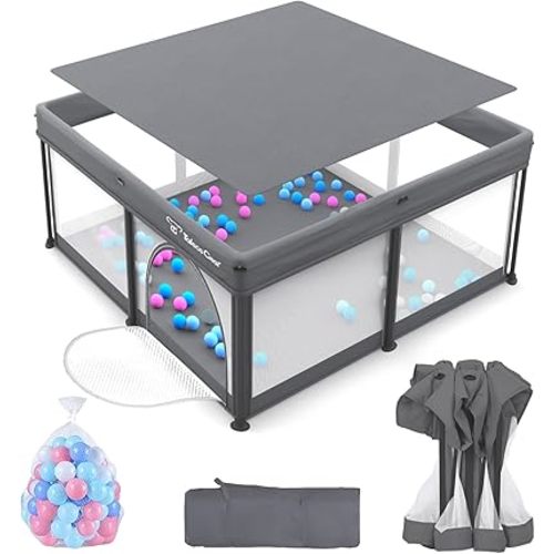 Foldable Baby Playpen for Babies and Toddlers, 50x50 Inch Portable Play Yard, Collapsible Play Pen with Mat, Visible Mesh, 50 Ocean Balls, Indoor/Outdoor Baby Fence Activity Center for Home