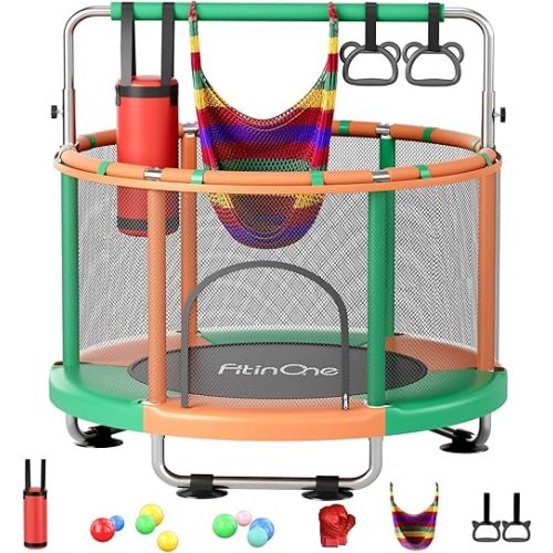 55" Toddler Mini Trampoline for Kids, Indoor Outdoor Toys with Swing, 440lbs Baby Kids Trampoline, Gymnastics Bar, Birthday Gifts for Boy Girl Age 1-8