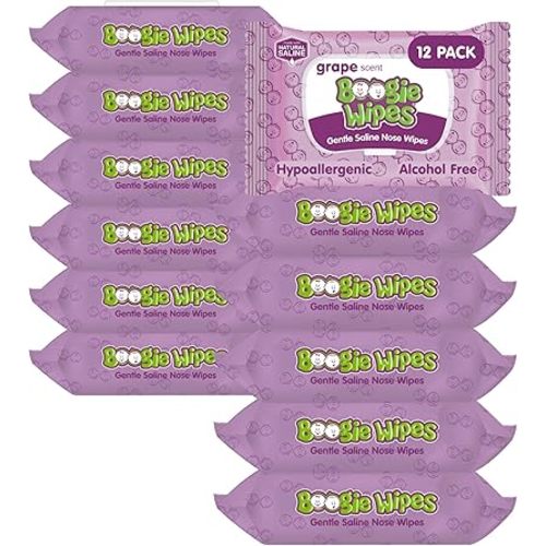 Saline Nose Wipes by Boogie, for Baby & Kids, Face, Hand & Body, FSA/HSA Eligible, Made with Vitamin E, Aloe, and Natural Saline, Grape Scent, 30 Count (Pack of 12)