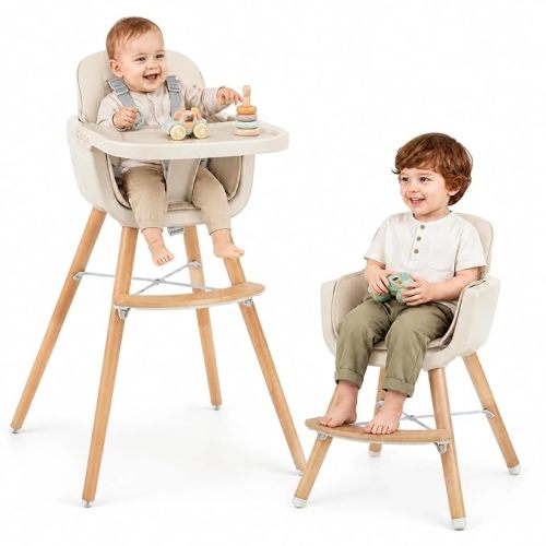 HONEY JOY Baby High Chair, 6-in-1 Eat & Grow Wooden Highchair/Toddler Chair with Removable Tray, 5-Point Harness, PU Cushion and Footrest, Convertible High Chair for Babies and Toddlers(Beige)