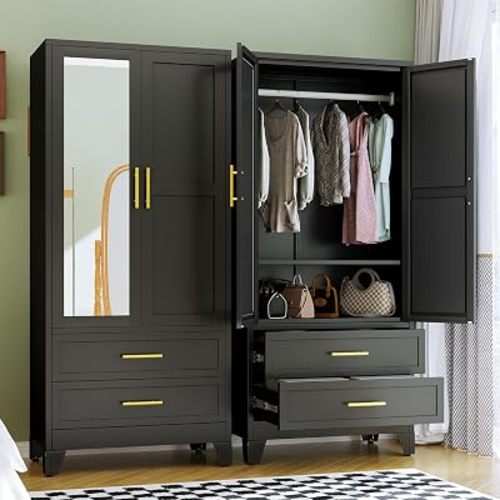 RIETERN Metal Armoire Wardrobe Closet, 71" Tall Bedroom Closet with Mirror