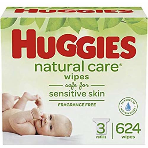 HUGGIES Natural Care Unscented Baby Wipes, Sensitive, 3 Refill Packs (624 Total Wipes) - 3 Refill Bags, 624 Wipes