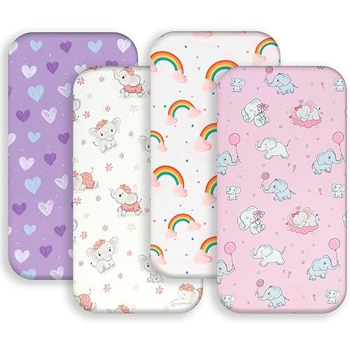 4 Pack Baby Girl Bassinet Sheets Set Soft Fitted Floral or Elephant Theme Baby Girl Mattress Covers Breathable Toddler Bed Sheets for Infant or Newborn Girls (Elephant, Bassinet Sheets)