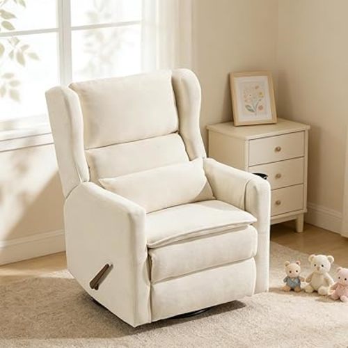 Rocking Chair Nursery with Adjustable Headrest,Comfy Swivel Rocker Recliner with Lumbar Support, Manual Nursery Chair Rocker Recliner with Cup Holder and Side Pockets, White