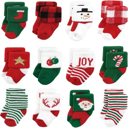 Hudson Baby Basics Unisex Baby Cozy Terry Baby Sock 12-Pack, Festive Countdown, 0-6 Months