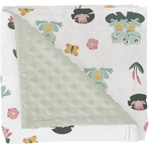 Cute Frogs Family Baby Blankets for Girl Boy Green Frogs Butterflies Lilies Pond Soft Mink with Dotted Backing Double Layer Swaddle Blanket Wildlife Nature Bed Throw for Newborn Toddler Nursery 30x40