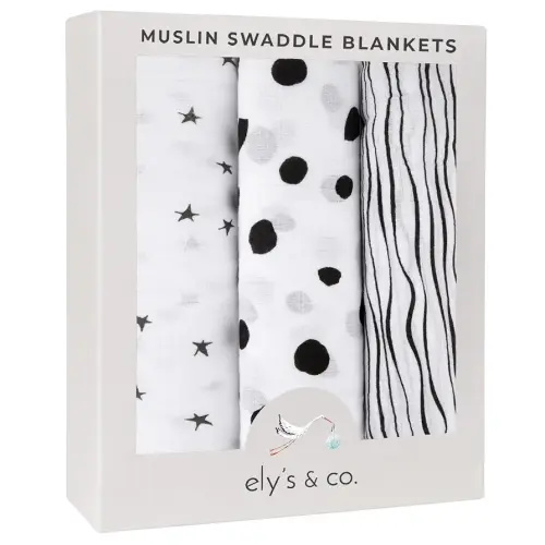 Ely's & Co. Muslin Swaddle Blanket 100% Soft Muslin Cotton 3 Pack 47"x 47" (Black & White)