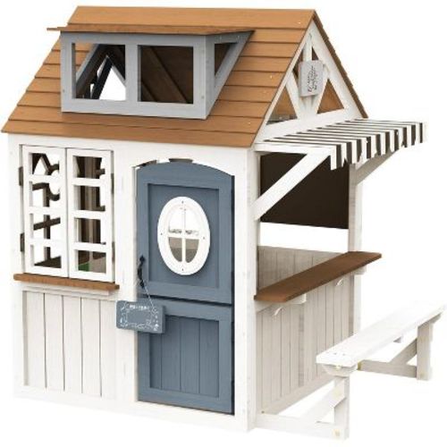 AMERLIFE Kids Outdoor Wooden Playhouse with Kitchen & Chalkboard, Fir Wood Construction, Waterproof Roof & Rust-Resistant Hinges, for Ages 3–8