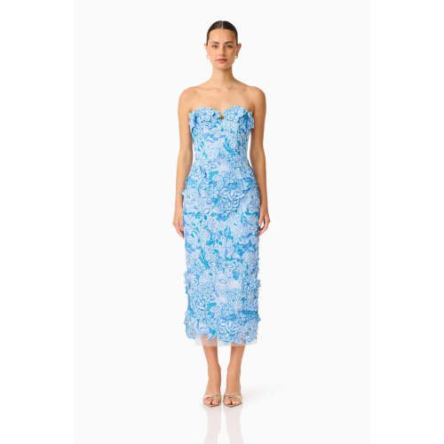 Roseate Strapless Midi Dress in Blue