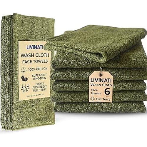 Sage Green 100% Cotton Wash Cloths for Showering Body and Face - 12"X12" 6 Pack Washcloths - Small Terry Towel Bath Rags for Adults and Kids Bathroom - Soft Absorbent
